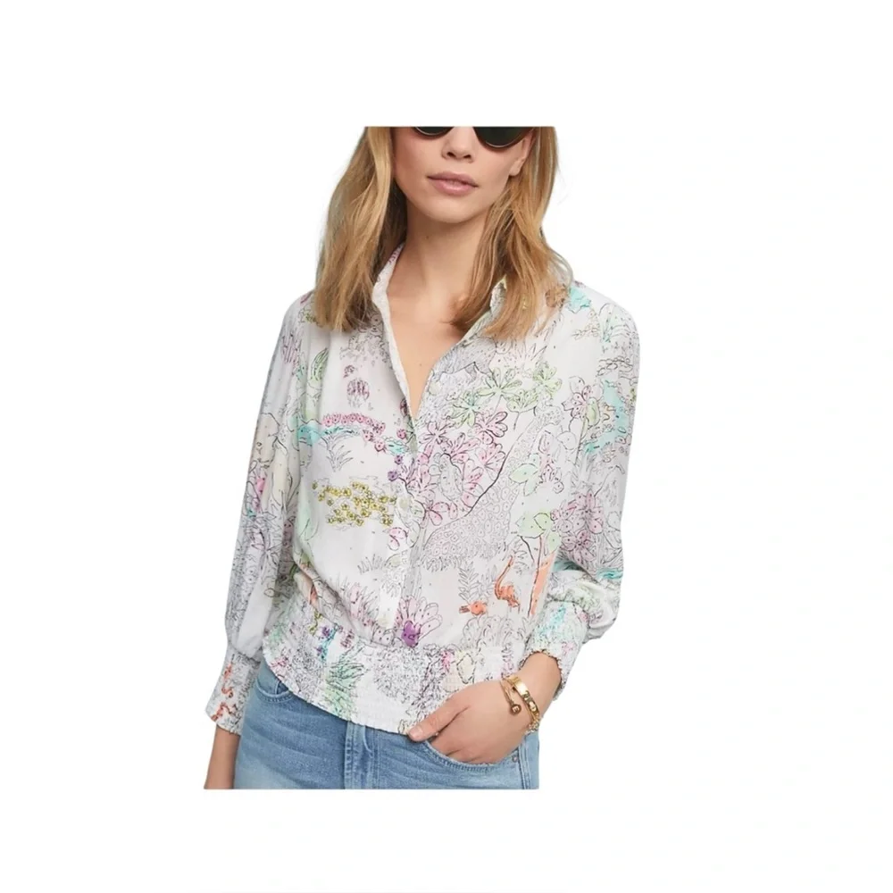 Anthropologie Maeve Rosa Paint By Numbers Novelty Print Blouse